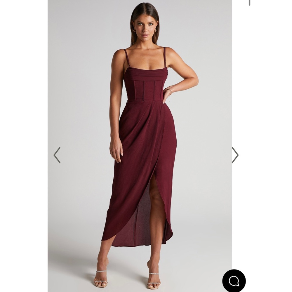 ANDRINA MIDI DRESS - HIGH LOW WRAP CORSET DRESS IN WINE